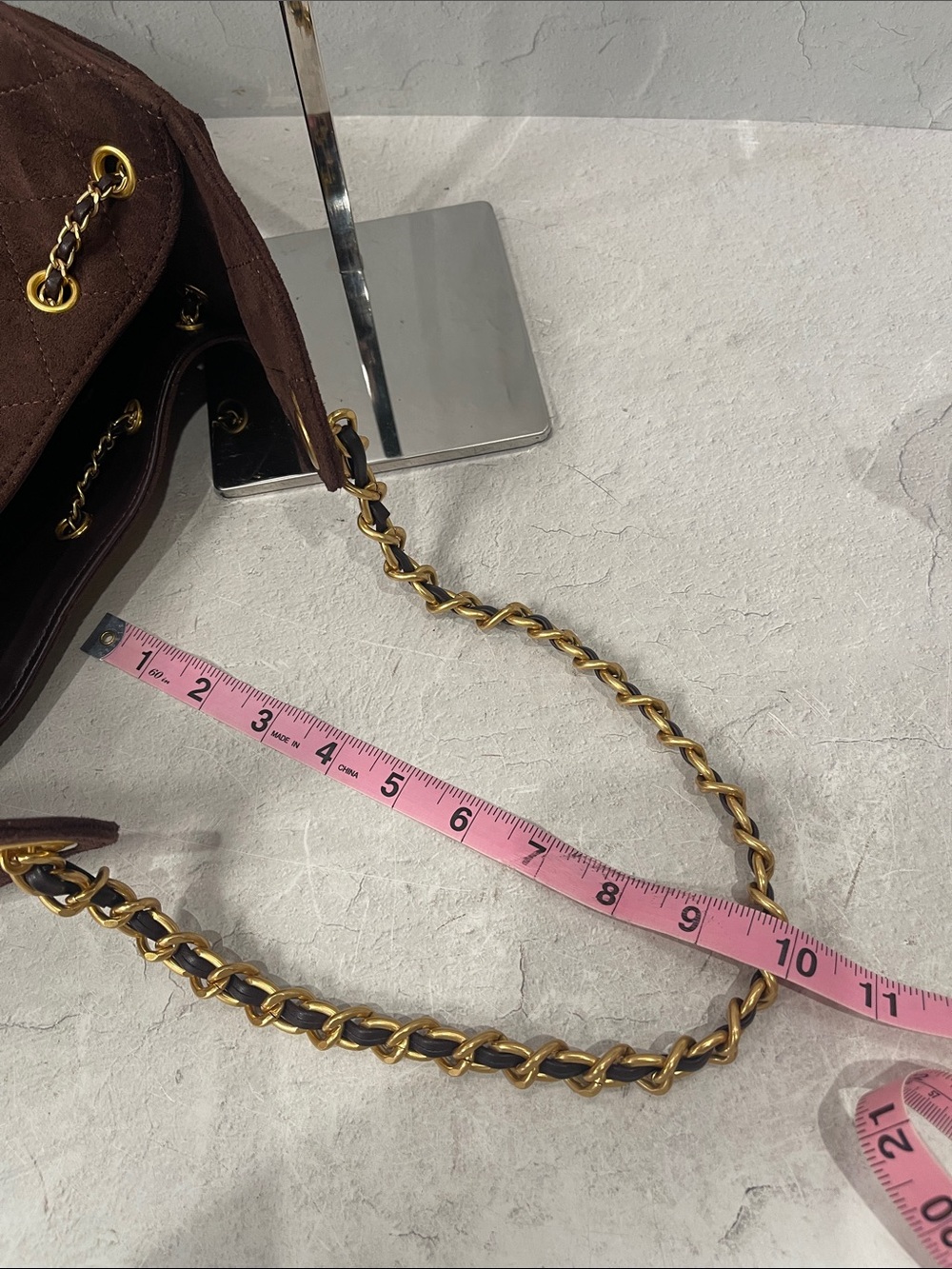Quilted Drawstring Suede Shoulder Bag - Brown - Picture 7 of 7